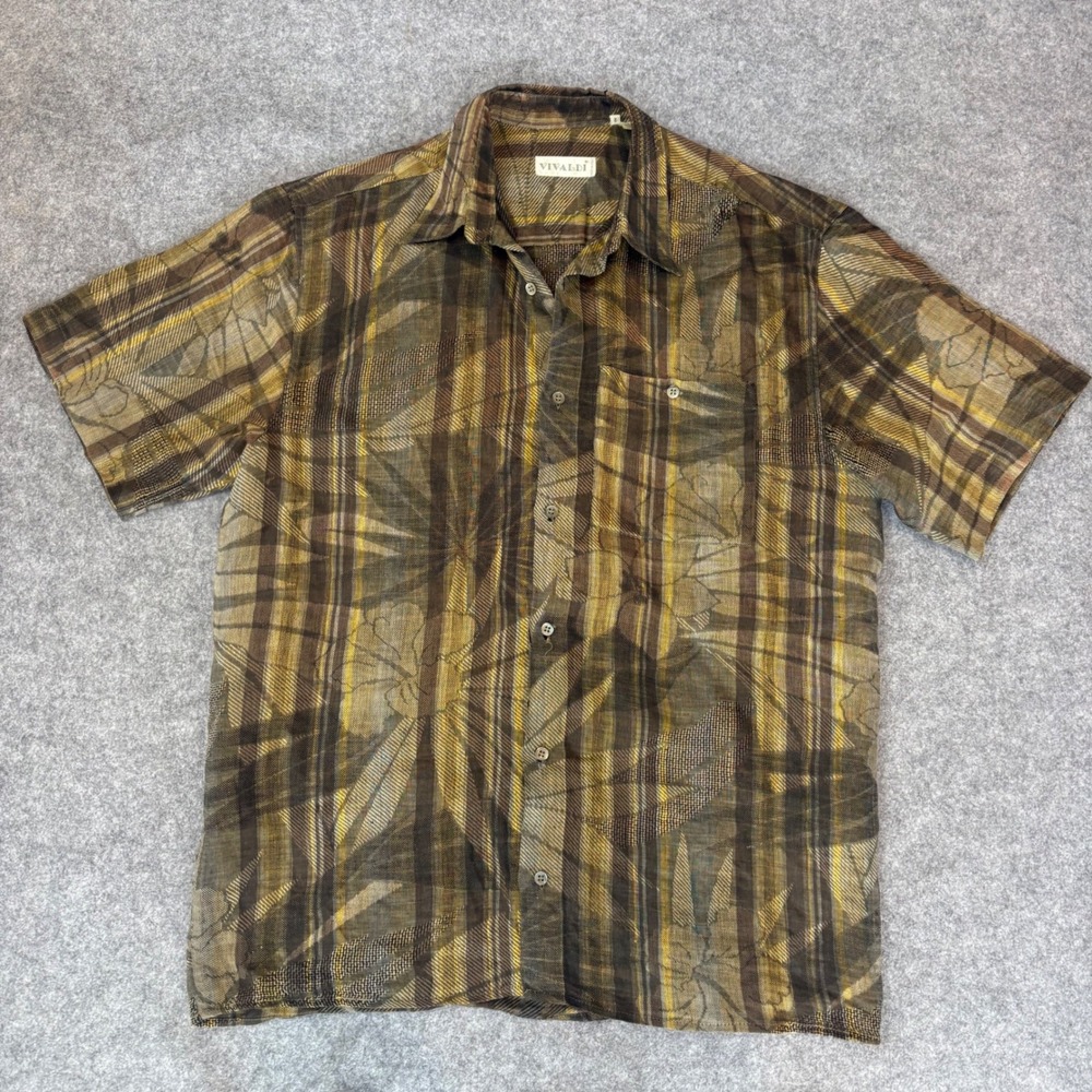 Vivaldi Italy Men XL Brown Plaid Tropical Floral Sheer Short Sleeve Button Shirt